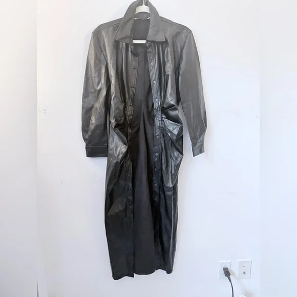 Zara Black Faux Leather Button-Down Midi Shirt Dress, Sz Med - Like New! Holiday - Picture 6 of 8